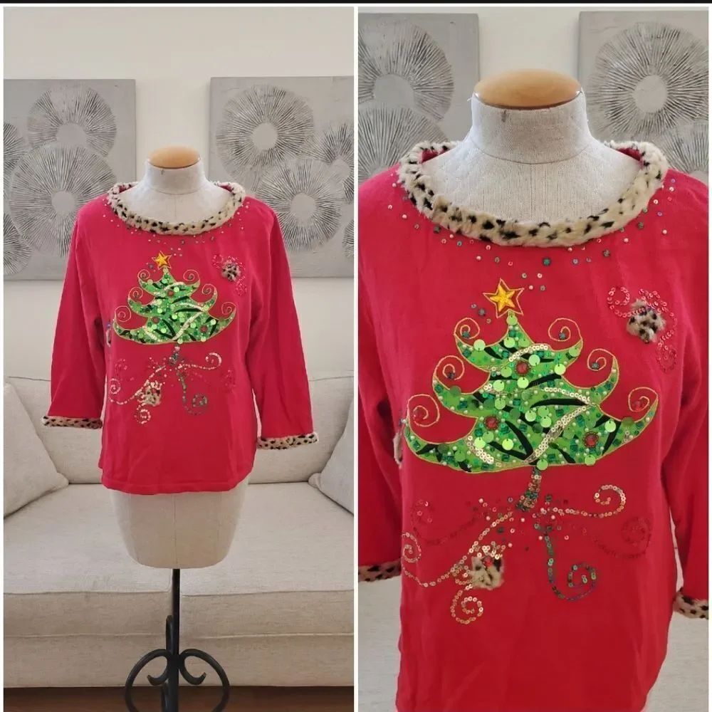 Collective Works Of Berek 2 Embellished Christmas Tree 3/4 Sleeve Sweater sz Lg